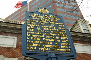 Gay Pioneers historical marker at Independence Hall. Credit: Photo by K. Ciappa for Visit Philadelphia™
