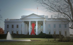 AIDS Ribbon hanging on north portico of the White House In honor of 