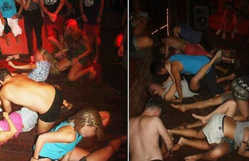 Two photos of clothed men and women lying on the ground some of the people are on top of each other